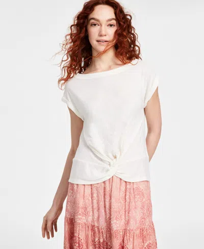Liverpool Los Angeles Women's Short Sleeve Boat Neck Knot Front Knit Top In Whipped Cream