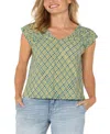 Liverpool Los Angeles Short Sleeve Back Tie Top In Green Mini Chevron