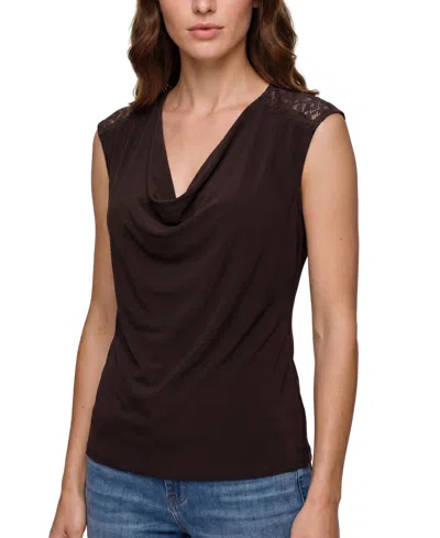 Liverpool Los Angeles Draped Neck Sleeveless Top With Lace Trim In Burgundy