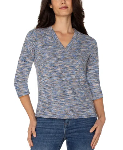 Liverpool Los Angeles Women's Spacedye Ribbed-knit 3/4-sleeve V-neck Top In Blue