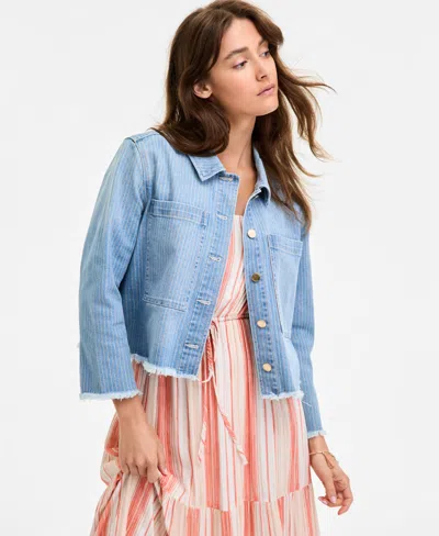 Liverpool Los Angeles Women's Striped Denim Cropped Shacket In Blue