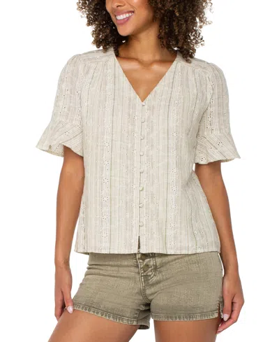 Liverpool Los Angeles Women's Striped Embroidered Cotton Linen Blouse In White