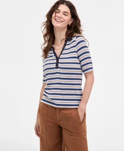 Liverpool Los Angeles Women's Striped Ribbed-knit Collared Henley Top In Multi