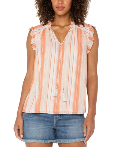 Liverpool Los Angeles Women's Striped Ruffle-trim Split-neck Top In Ornge Tn Stripe