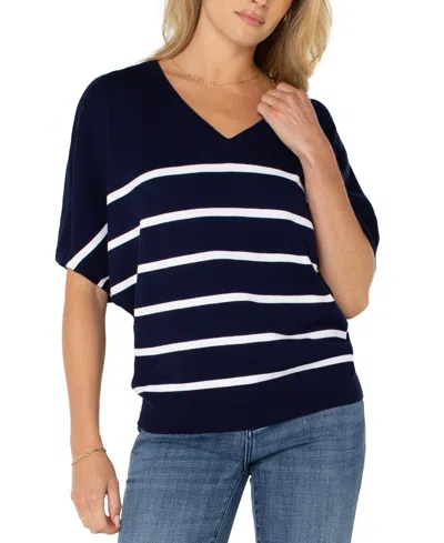 Liverpool Los Angeles Women's Striped Short-dolman-sleeve Sweater In Navy White Stripe