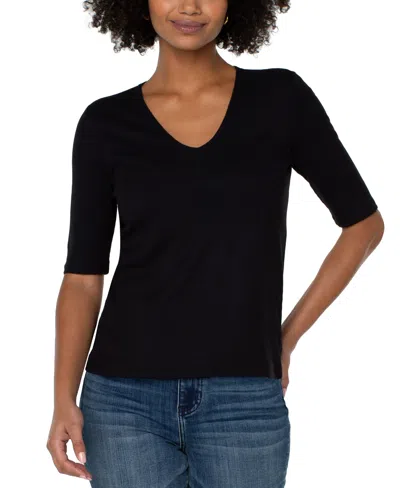 LIVERPOOL LOS ANGELES WOMEN'S V-NECK ELBOW-SLEEVE KNIT TOP