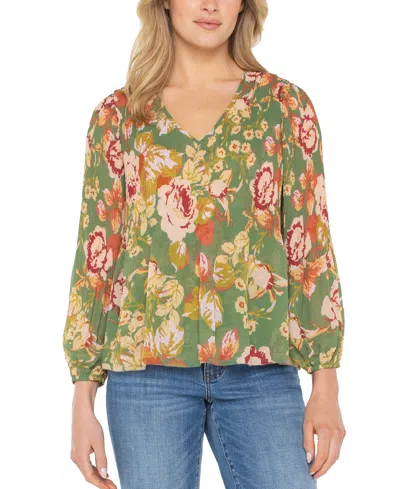Liverpool Los Angeles Long Sleeve Pleated V-neck Top In Multi
