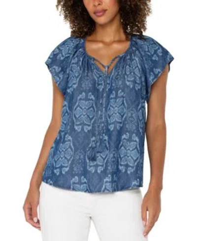 Liverpool Los Angeles Womens Chambray Ikat Split Neck Top P Xs 3x In Multi