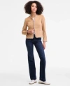 Liverpool Los Angeles Womens Collarless Fray Edge Jacket Sleeveless Woven To Knit Top Lucy Mid Rise Bootcut Jeans In Brown