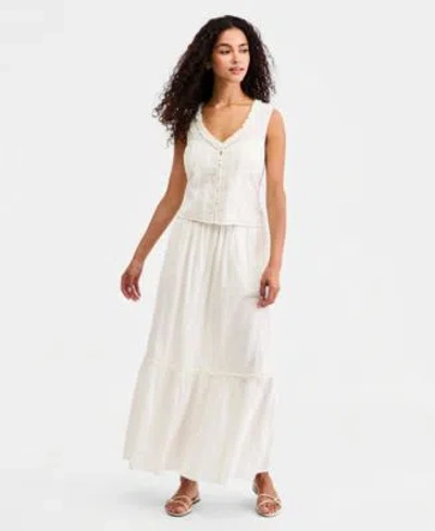 Liverpool Los Angeles Womens Embroidered Cotton Sleeveless Top Embroidered Tiered Cotton Pull On Maxi Skirt In White