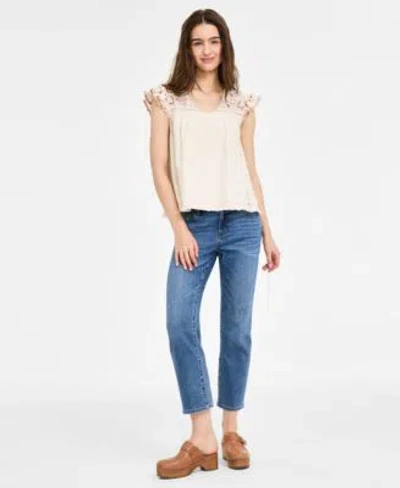 Liverpool Los Angeles Womens Flutter Sleeve V Neck Embroidered Blouse Kennedy Cropped Straight Leg Denim Jeans In Temecula