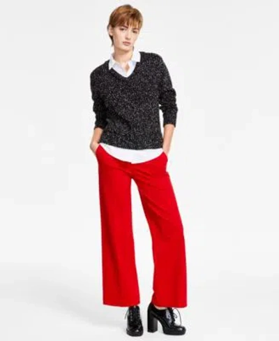 Liverpool Los Angeles Womens Layered Look Collared Sweater Kelsey Wide Leg Pants In Tango Red
