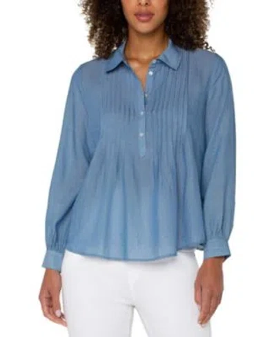 Liverpool Los Angeles Womens Long Sleeve Pintuck Woven Top P Xs Xl In Blue
