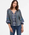 Liverpool Los Angeles Womens Printed Balloon Sleeve Button Front Blouse Pxs 3x In Blue
