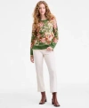Liverpool Los Angeles Womens Printed Crewneck Long Sleeve Sweater Kennedy Mid Rise Crop Straight Jeans In White