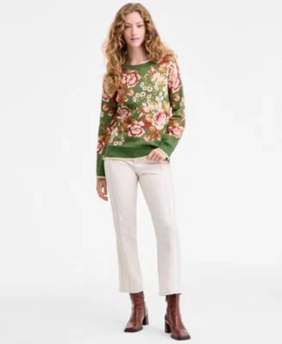 Liverpool Los Angeles Womens Printed Crewneck Long Sleeve Sweater Kennedy Mid Rise Crop Straight Jeans In White