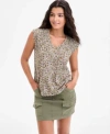 Liverpool Los Angeles Womens Printed Ruched Shoulder V Neck Top Mini Cargo Skort In Green