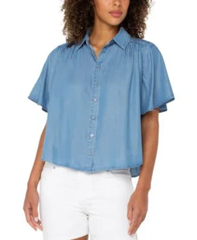 Liverpool Los Angeles Womens Shirred Shoulder Relaxed Chambray Shirt P Xs 3x In Brown