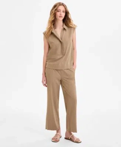 Liverpool Los Angeles Womens Sleeveless Collared Elastic Back Top Pull On Wide Leg Crop Pants In Brown