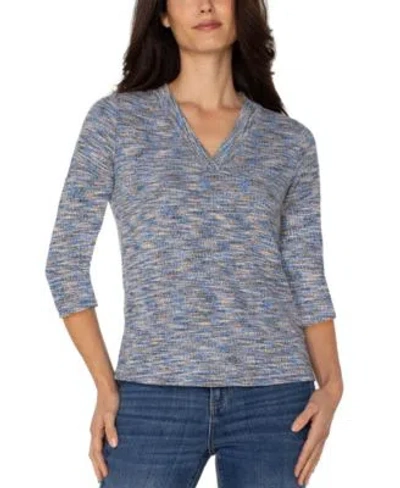 Liverpool Los Angeles Womens Spacedye Ribbed Knit 3 4 Sleeve V Neck Top Pxs 3x In Blue