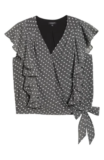 Liverpool Plaid Swiss Dot Flutter Sleeve Ruffle Top In Gray