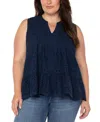 Liverpool Plus Size Cotton Eyelet Sleeveless Blouse In Navy