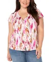 Liverpool Plus Size Flutter-sleeve Button-front Top In Pink Painted Ikat