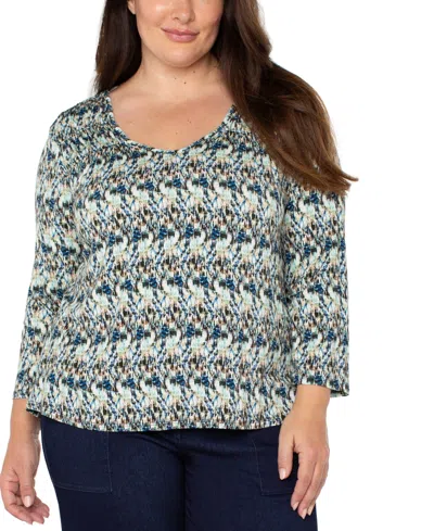 Liverpool Plus Size Printed 3/4-sleeve V-neck Top In Blue Multi Texture