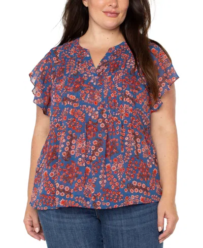 Liverpool Plus Size Printed Split-neck Flutter-sleeve Blouse In Blue,pink Floral