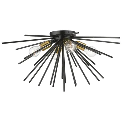 Livex Lighting 4 Light Shiny Black With Polished Brass Accents Large Flush Mount
