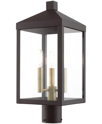 Livex Nyack 3 Light Outdoor Post Top Lantern In Bronze With Antique Brass