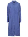 LIVIANA CONTI BLUE STRIPED MAXI SHIRT DRESS WITH POINTED COLLAR AND FRONT BUTTON CLOSURE
