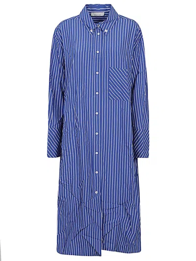 LIVIANA CONTI BLUE STRIPED MAXI SHIRT DRESS WITH POINTED COLLAR AND FRONT BUTTON CLOSURE