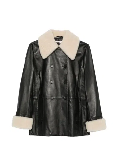 Liviana Conti Double-breasted Shearling-trim Jacket In Black