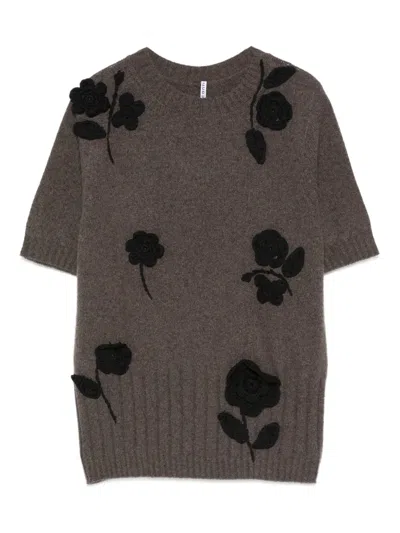 Liviana Conti Floral-embroidered Short-sleeve Sweater In Brown