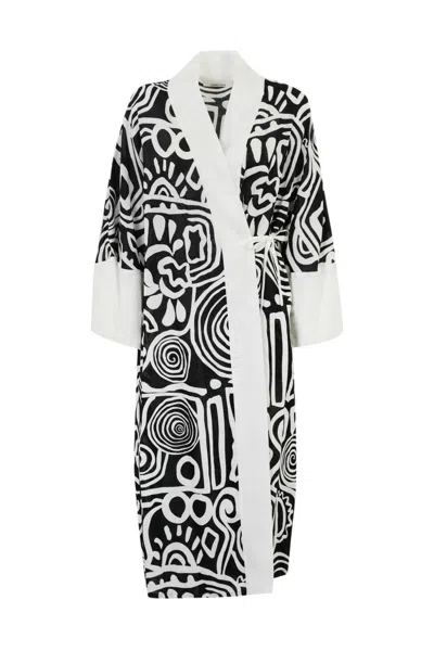 Liviana Conti Long Kimono With Print In Graffito Nero/bianco