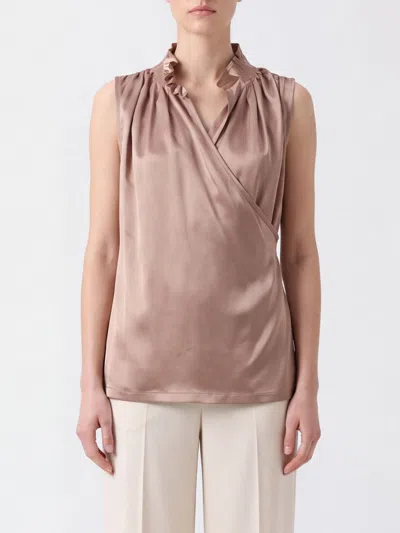 Liviana Conti Sleeveless Draped Satin Blouse With Ruffled Collar In Pink