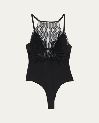 Livy Electra Embroidered Mesh & Microfiber Bodysuit In Black