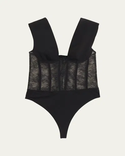 Livy Moon Palace Plunging Lace Corset Bodysuit In Black