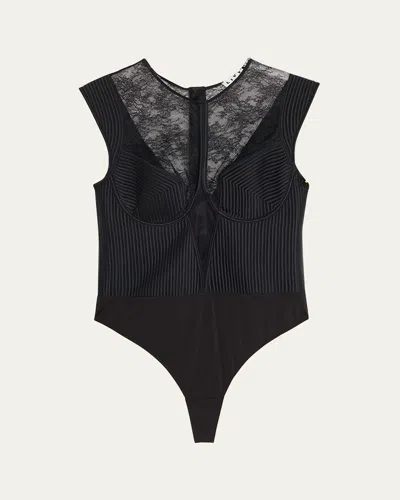 Livy Palace Quilted Satin & Floral Lace Bodysuit In Black