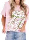 Livylu Rolling Stones Floral Lick Thrifted Tee In Pink