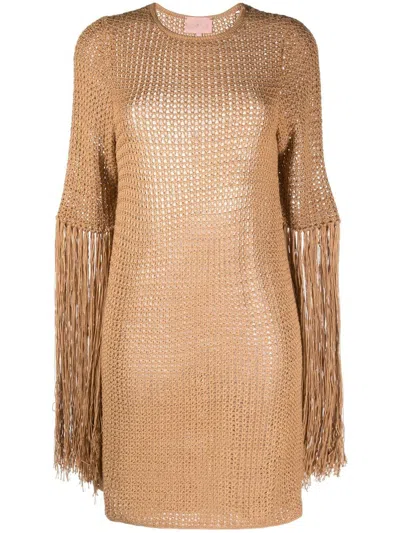 Liya Open-knit Fringe-detail Mini Dress In Brown