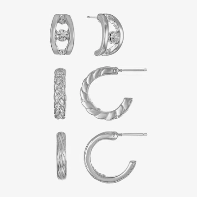 Liz Claiborne Braided & Textured Huggie Hoop Womens Glass Hypoallergenic 3 Pair Earring Set In Silver
