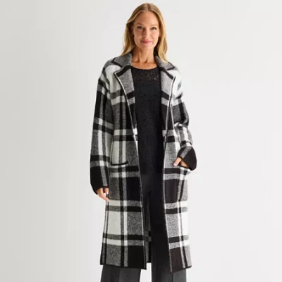 Liz Claiborne Coatigan Womens Long Sleeve Button Plaid Cardigan In Black