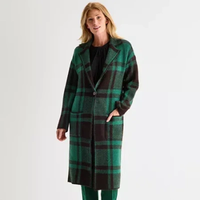 Liz Claiborne Coatigan Womens Long Sleeve Button Plaid Cardigan In Green