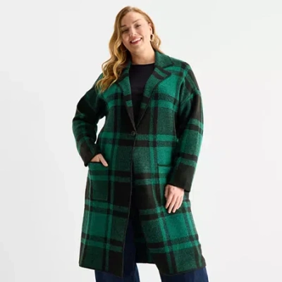 Liz Claiborne Coatigan Womens Long Sleeve Button Plus Plaid Cardigan In Green