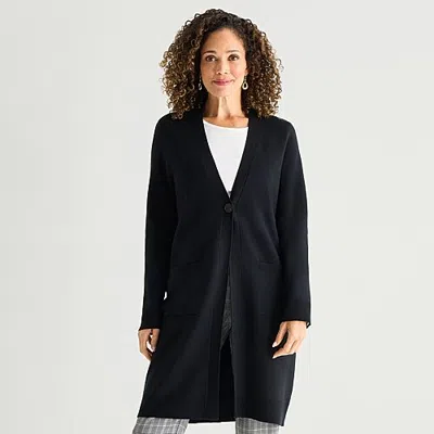 Liz Claiborne Coatigan Womens Y Neck Long Sleeve Button Leopard Cardigan In Black