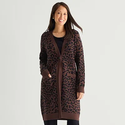 Liz Claiborne Coatigan Womens Y Neck Long Sleeve Button Leopard Cardigan In Brown