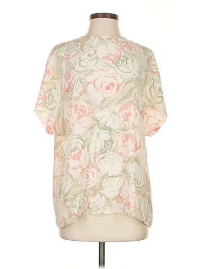 Pre-owned Liz Claiborne Collection Short Sleeve Silk Top Ivory Floral Pattern Mock Neckline Tops In White