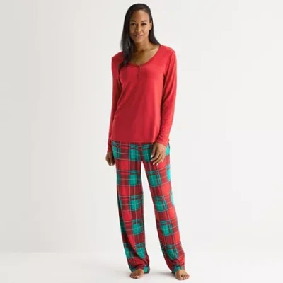 Liz Claiborne Cool And Calm Womens Long Sleeve 2-pc. Pajama Set In Red
